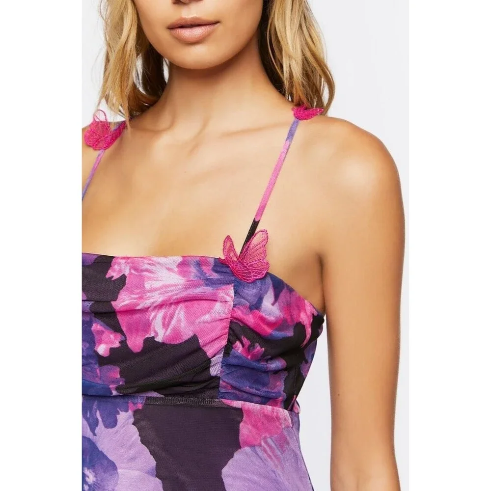 Forever 21 Women's Dress Asymmetric Floral Y2K Fairy Butterfly Ruched Size Large